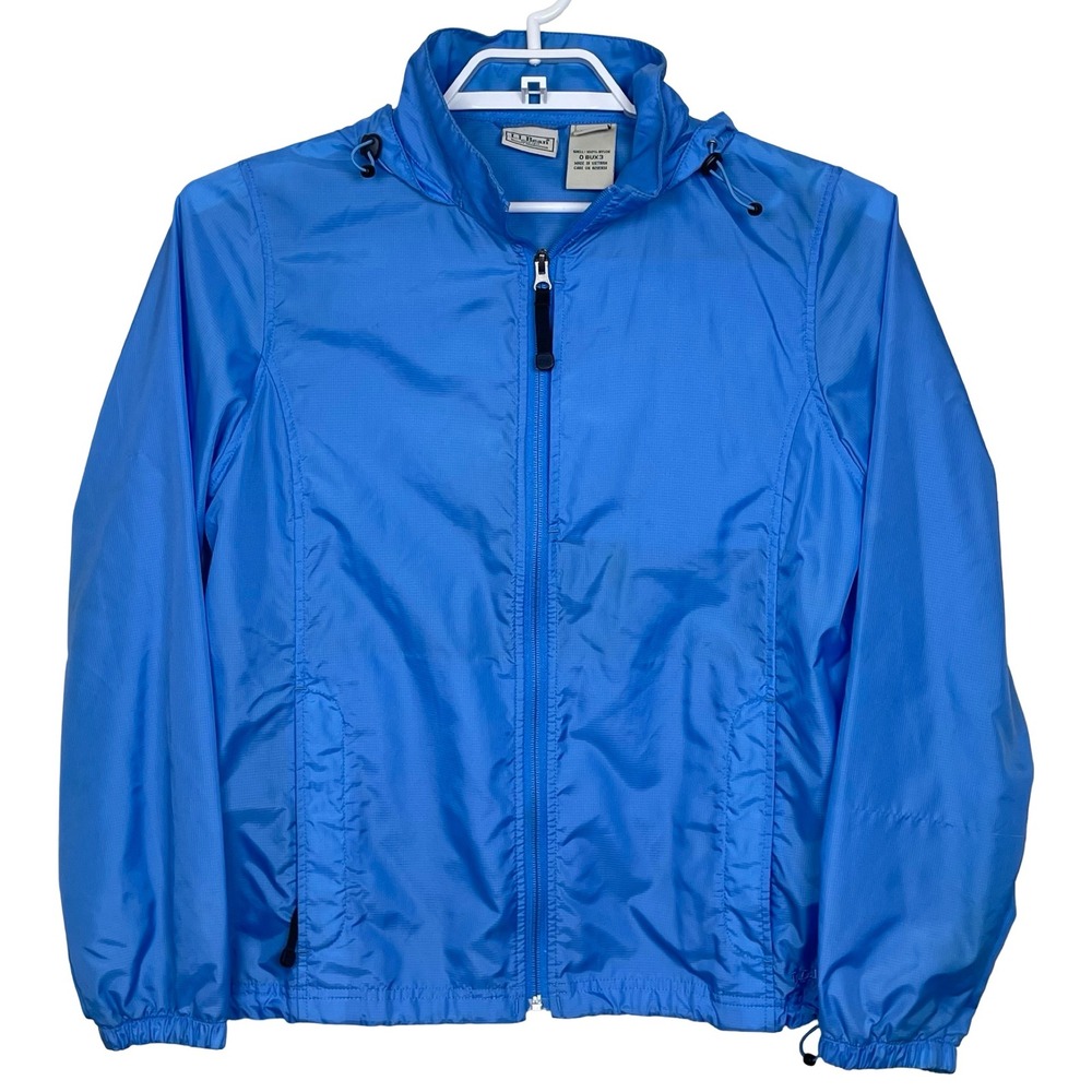 L.L. Bean Stowaway Windbreaker L Blue Full Zip Hooded‎ Lightweight Jacket Nylon